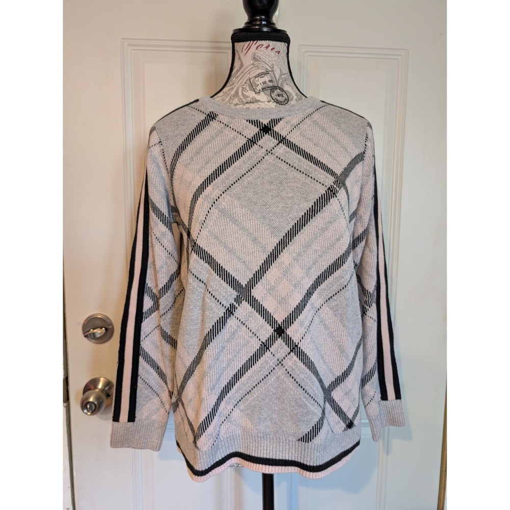 Charter Club Gray Crewneck Cotton Sweater Black Pink Plaid‎ Preppy Women's Small